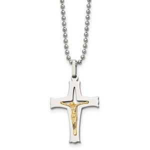Chisel Stainless Steel 14k Gold Accent Crucifix Charm w 22" Ball Chain Necklace